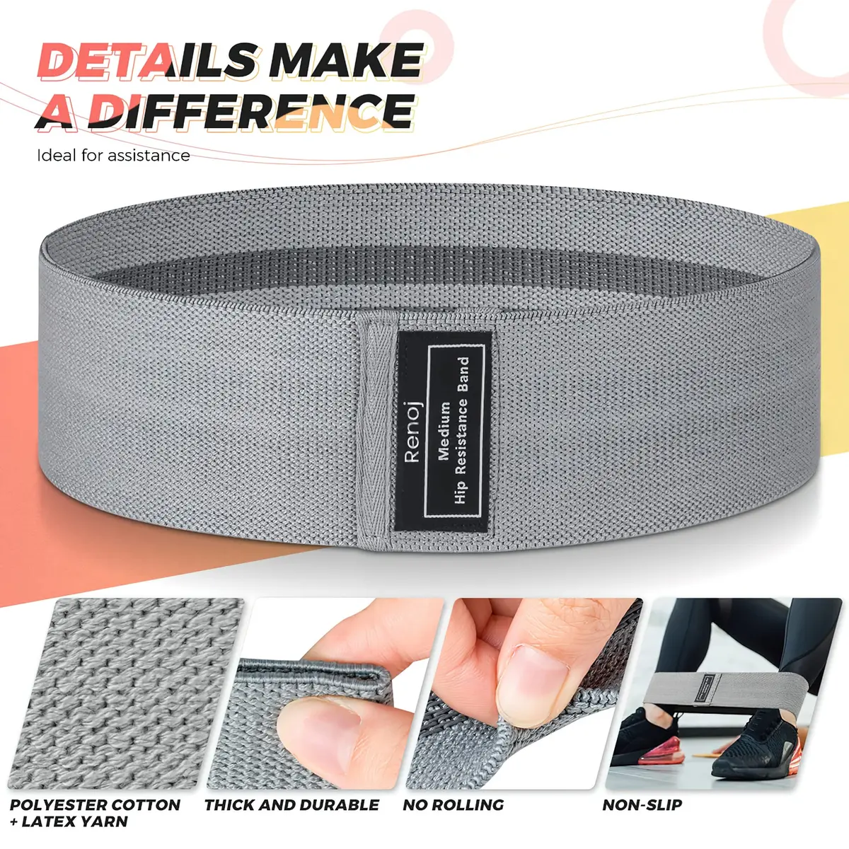 Renoj Booty Resistance Bands Set, 3 Non Slip Hip Exercise Bands for Legs & Butt, Resistance 35 lbs | Fitness & Strength Training - view 5