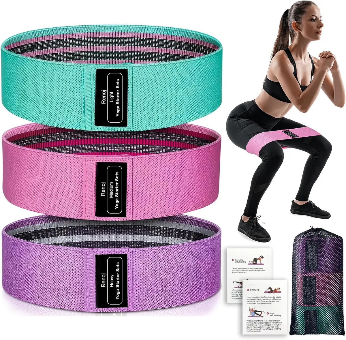 Renoj Resistance Bands for Working Out: 3-Set Exercise Bands for Pilates, Yoga, Home Gym, Booty, Leg Training | Heavy/Medium/Light Fabric Loops - main product image