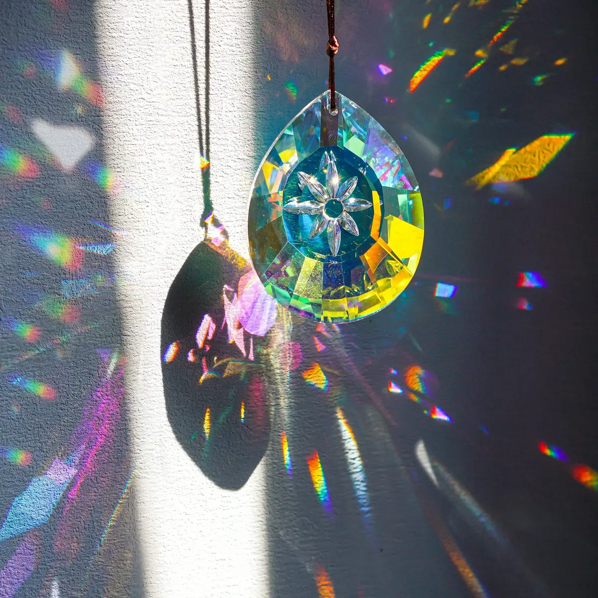 H&D HYALINE & DORA 76mm Crystal Glass Rainbow Suncatcher Drop Pendant Chandelier Lamp Decor | Striking Teardrop Pattern with Star Engraving - main product image