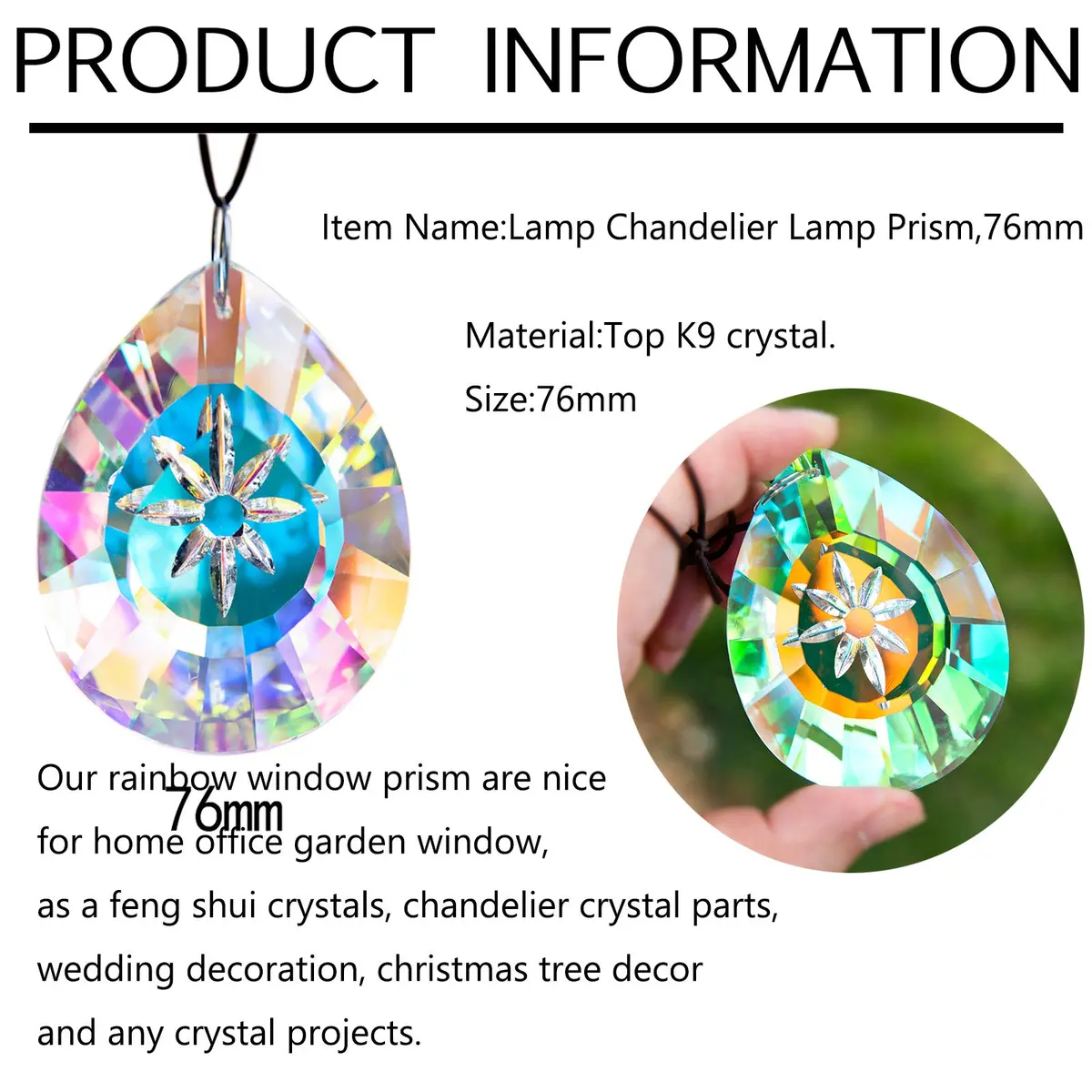 H&D HYALINE & DORA 76mm Crystal Glass Rainbow Suncatcher Drop Pendant Chandelier Lamp Decor | Striking Teardrop Pattern with Star Engraving - view 2
