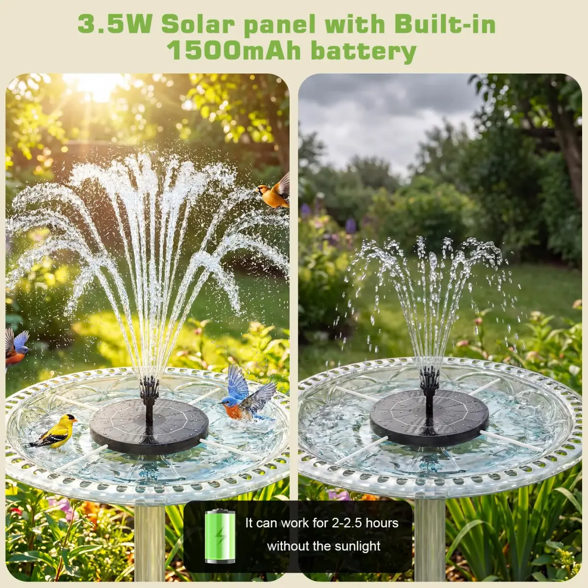 AISITIN 3.5W Solar Fountain with 1500 mAh Battery, 6 Nozzles & Fixers | 18.2cm (7.2in) Floating Water Pump for Bird Baths, Ponds, Pools - view 3
