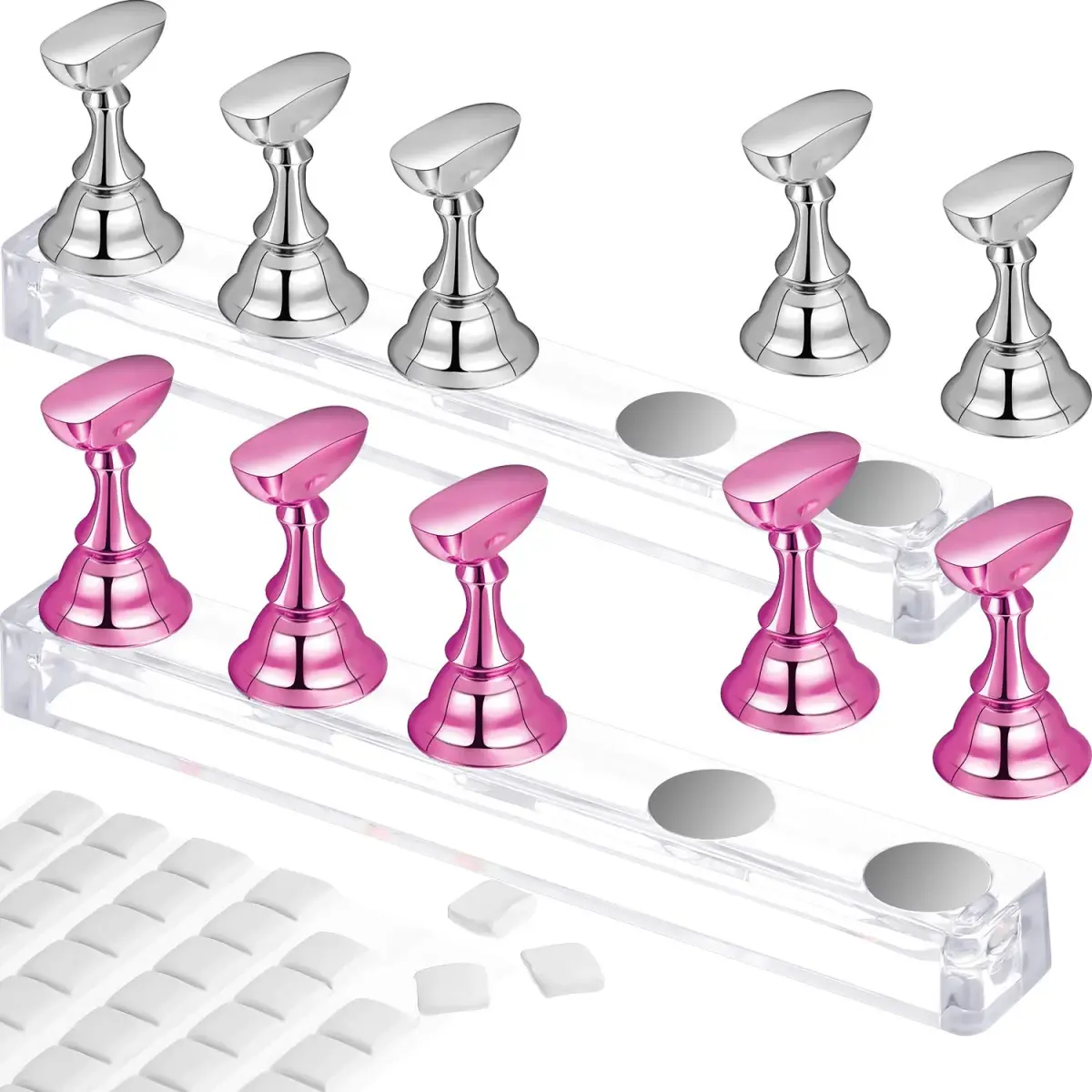 Blulu Magnetic Nail Art Practice Stands Set with Adhesive Putty | 2 Sets Silver & Pink - main product image