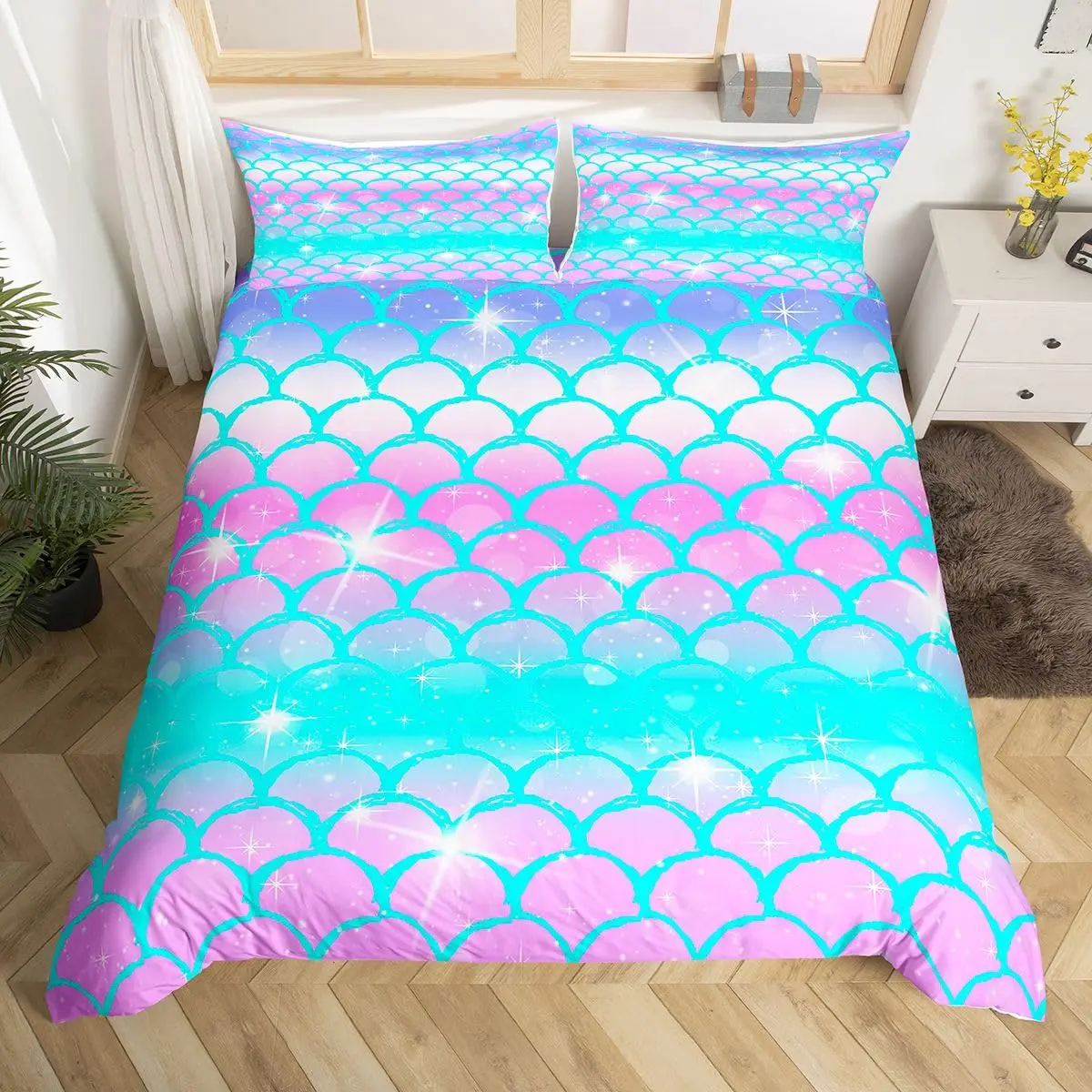 Erosebridal Fish Scale Duvet Cover Full Size Blue Purple Mermaid Scales Decor Bedding Set | Soft Microfiber Comforter Cover - main product image