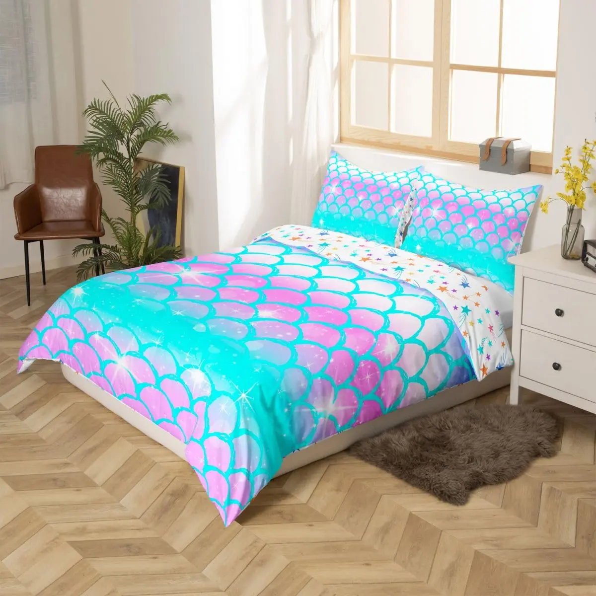 Erosebridal Fish Scale Duvet Cover Full Size Blue Purple Mermaid Scales Decor Bedding Set | Soft Microfiber Comforter Cover - view 5