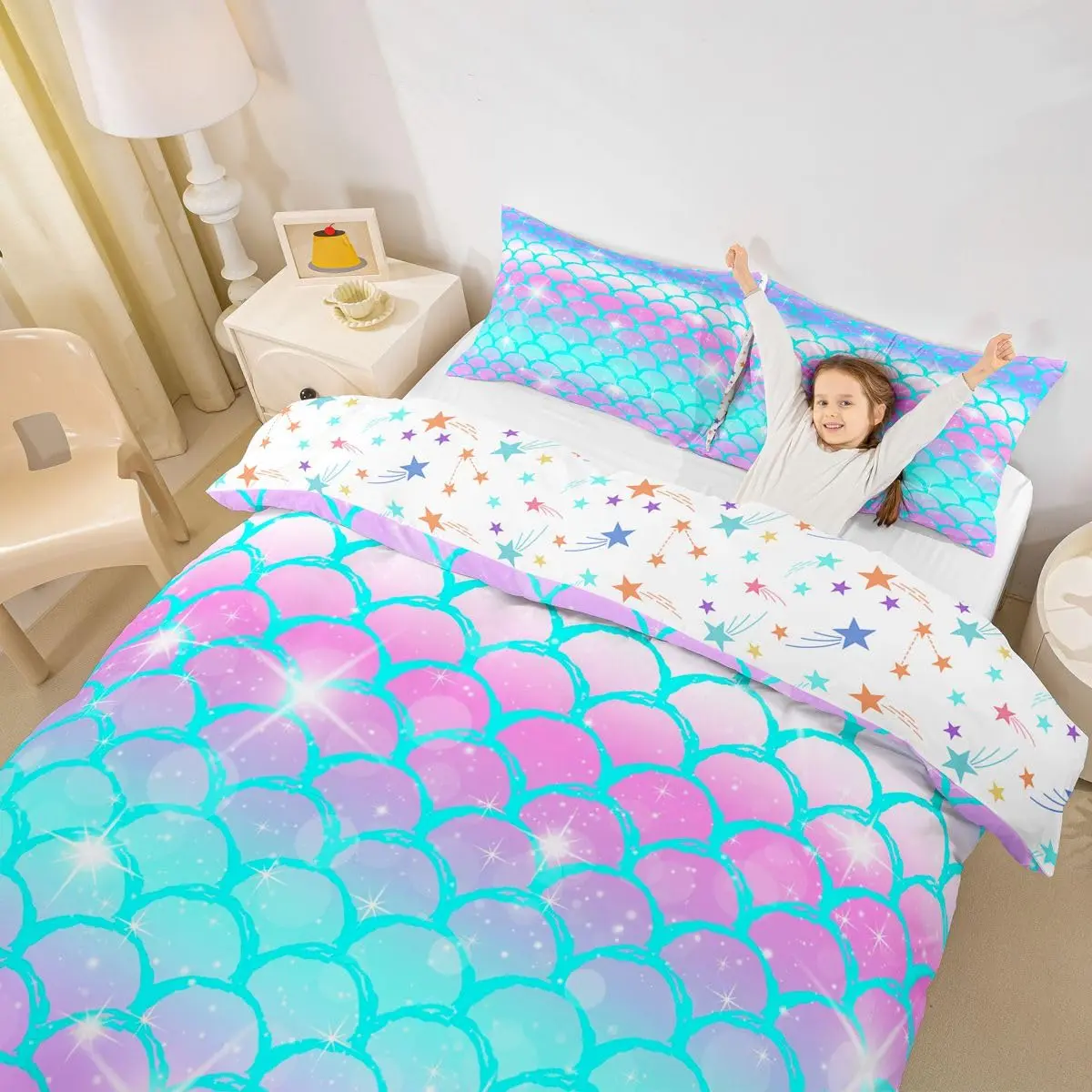 Erosebridal Fish Scale Duvet Cover Full Size Blue Purple Mermaid Scales Decor Bedding Set | Soft Microfiber Comforter Cover - view 2