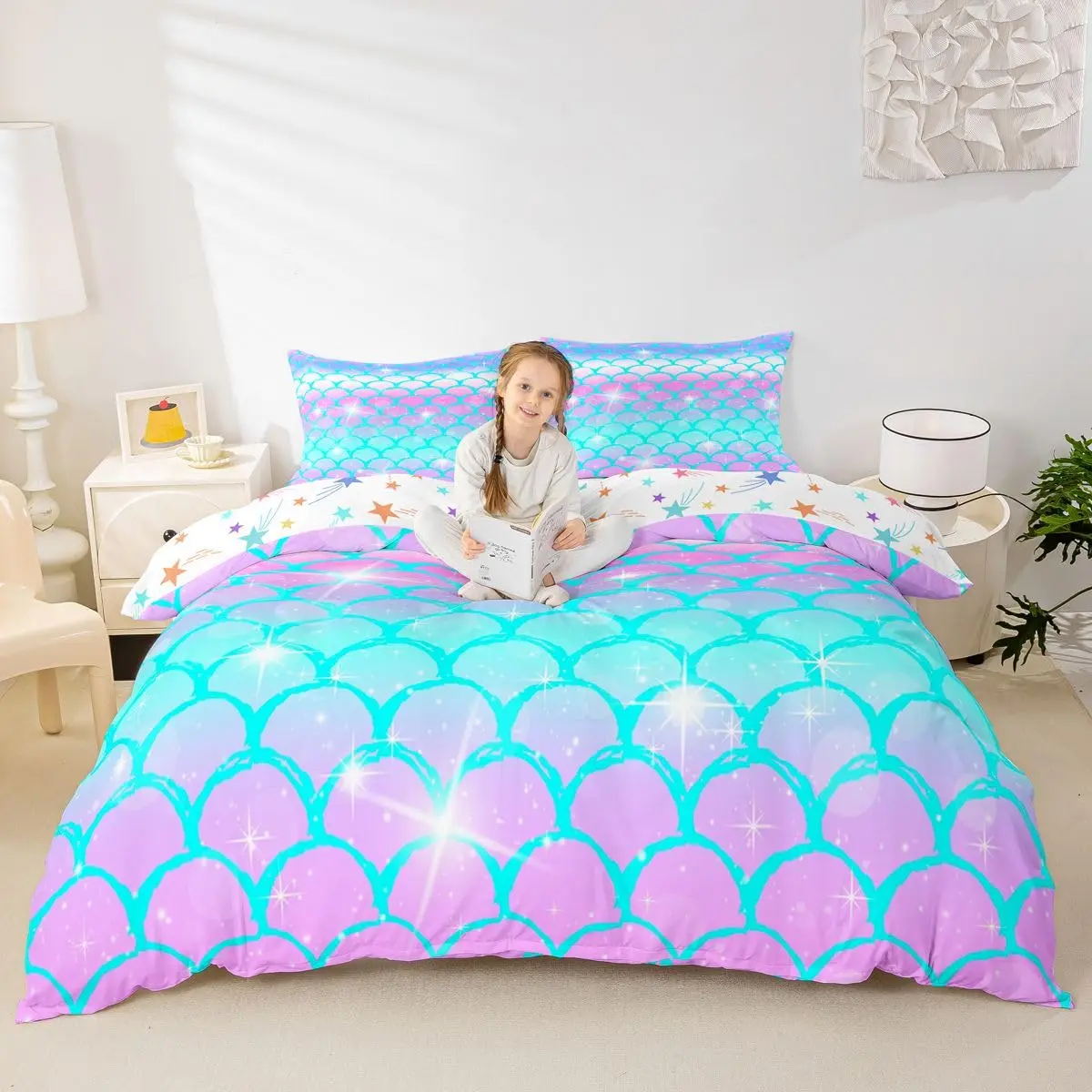 Erosebridal Fish Scale Duvet Cover Full Size Blue Purple Mermaid Scales Decor Bedding Set | Soft Microfiber Comforter Cover - view 4