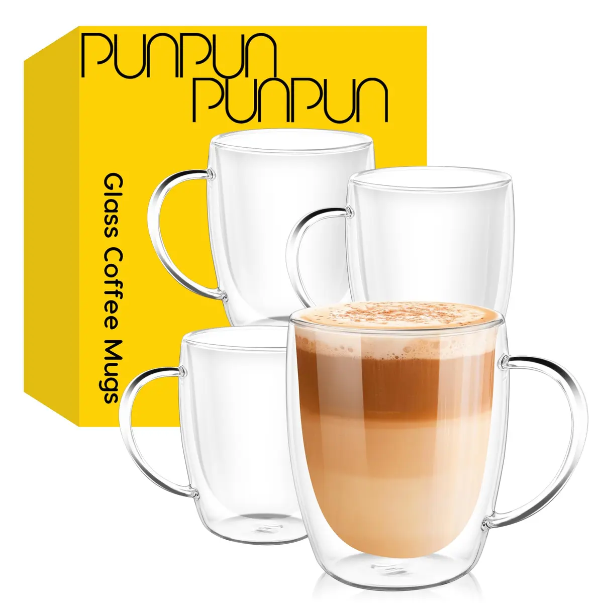 PunPun 12.9oz. Double Wall Glass Coffee Mug Set of 4 | Insulated Borosilicate Cups for Hot & Cold Beverages - main product image
