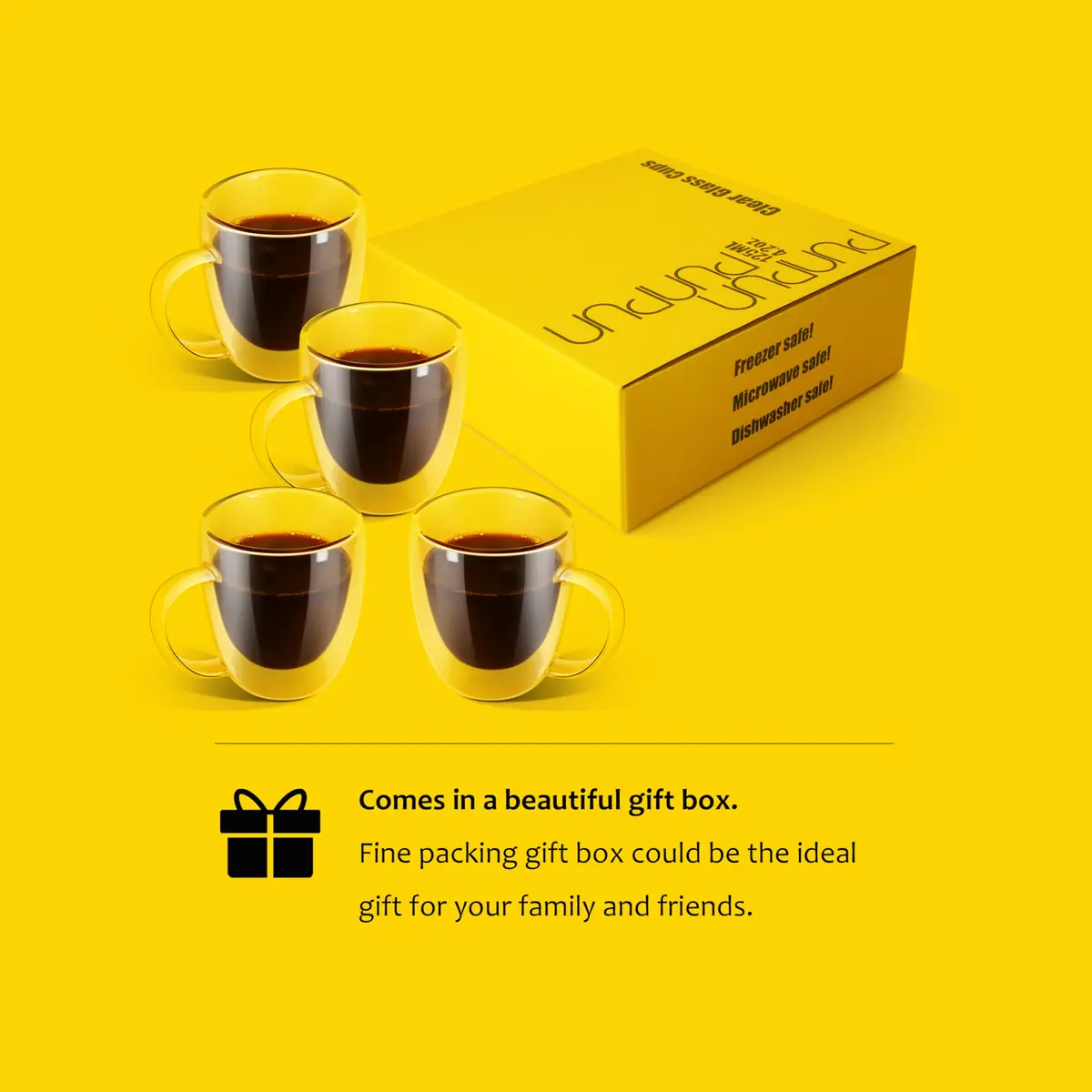 PunPun 12.9oz. Double Wall Glass Coffee Mug Set of 4 | Insulated Borosilicate Cups for Hot & Cold Beverages - view 6