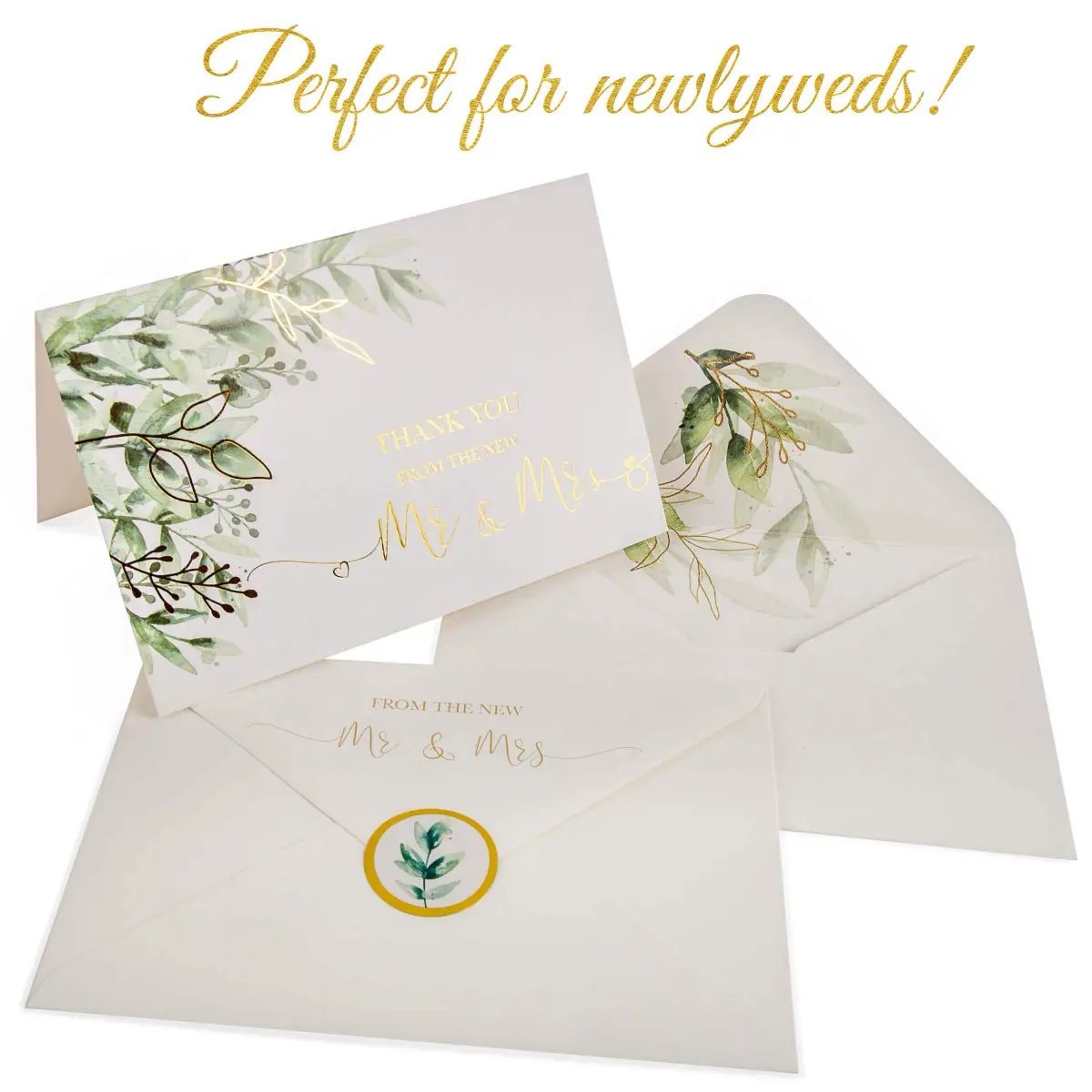 VNS Creations Blank Wedding Thank You Cards 100 Pack 4x6 Inches | Greenery & Gold Design - view 3