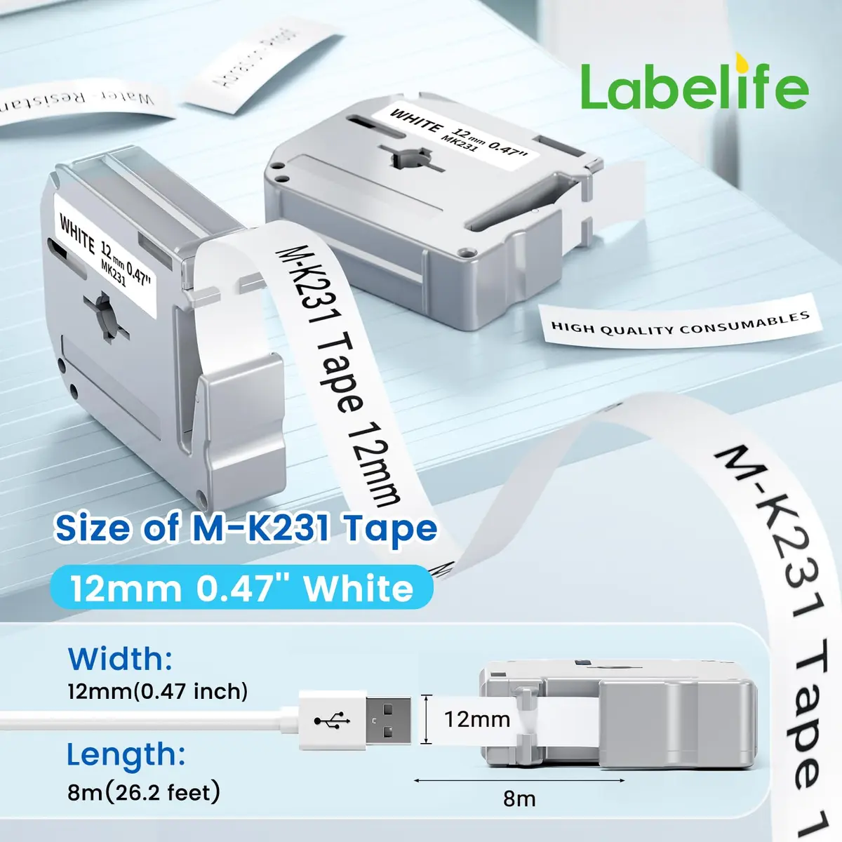 Labelife M-K231 Replace for M-K231s Brother M Tape 12mm 0.47 White | Water & Tear Resistant - view 3
