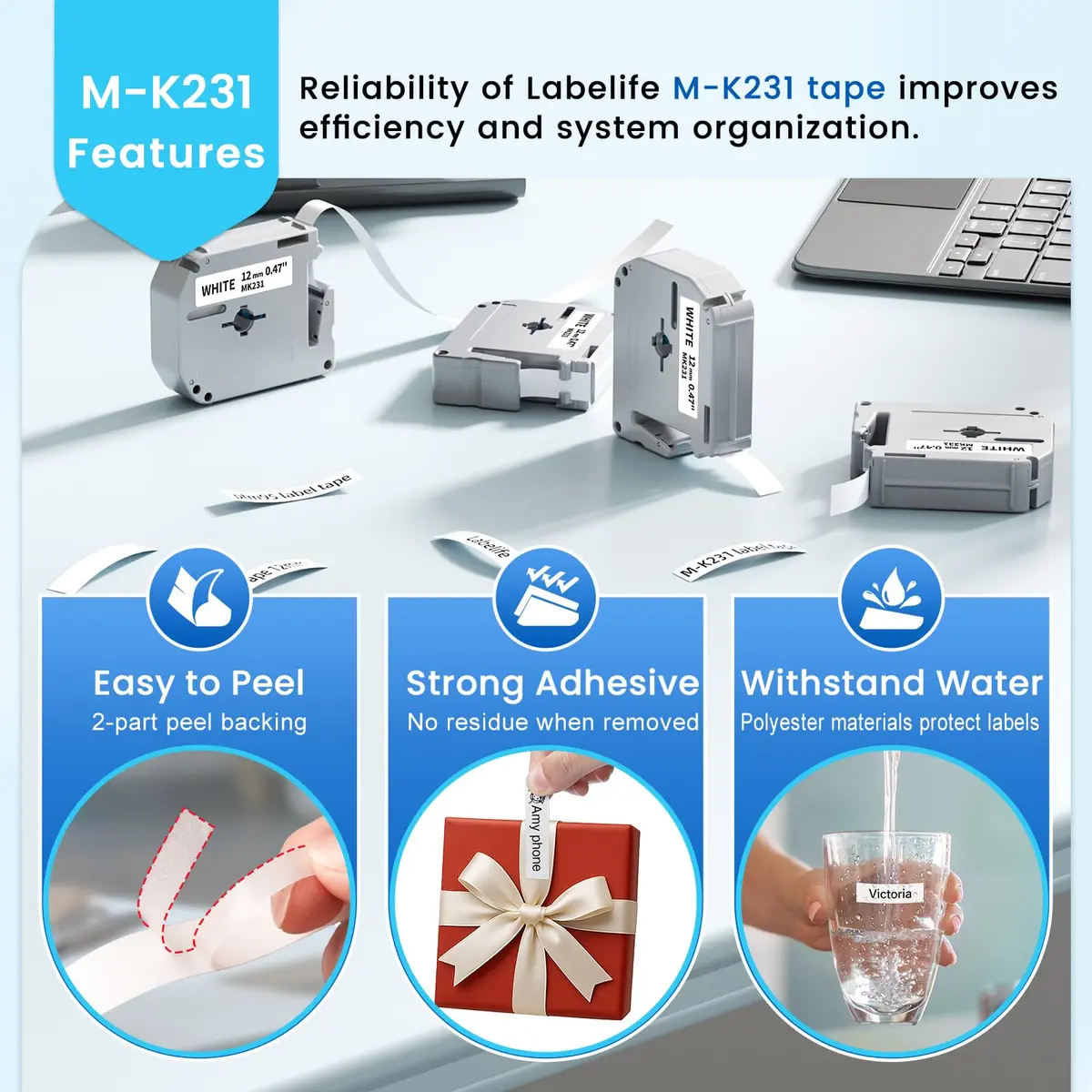Labelife M-K231 Replace for M-K231s Brother M Tape 12mm 0.47 White | Water & Tear Resistant - view 4