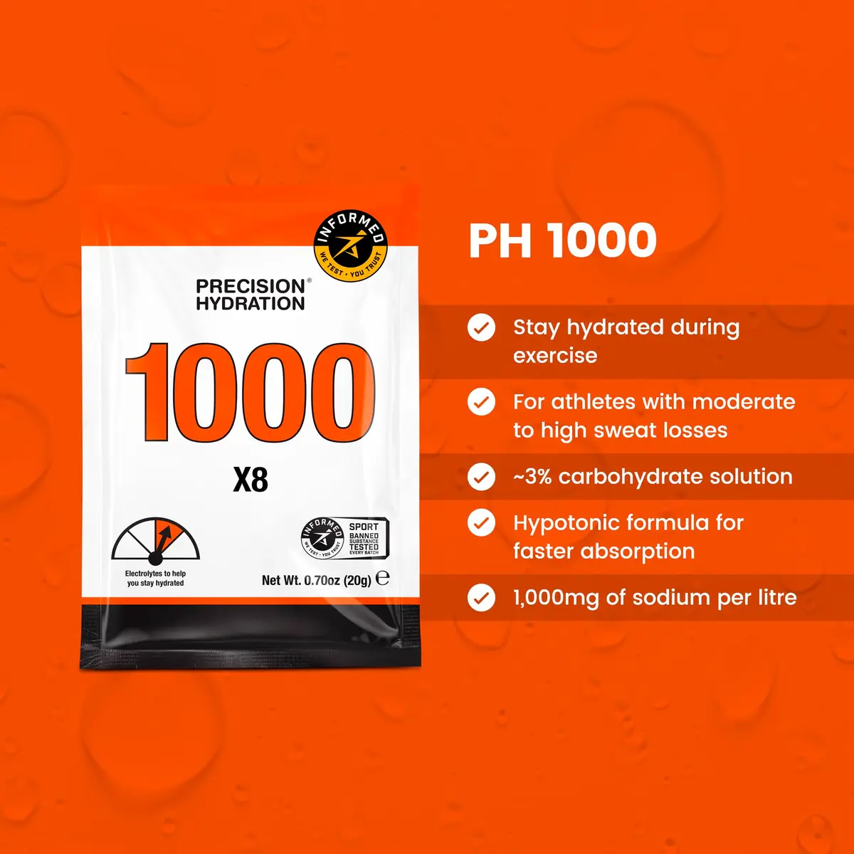 Precision Hydration Electrolyte Powder - No Artificial Ingredients, Multi Strength Hydration Packets - Individual Waterproof Servings - Gluten/Dairy Free, 8 Packets (1000mg/L-Orange) - view 2