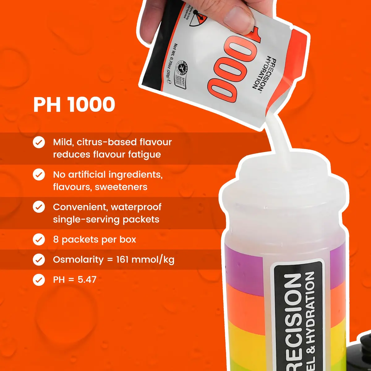 Precision Hydration Electrolyte Powder - No Artificial Ingredients, Multi Strength Hydration Packets - Individual Waterproof Servings - Gluten/Dairy Free, 8 Packets (1000mg/L-Orange) - view 3