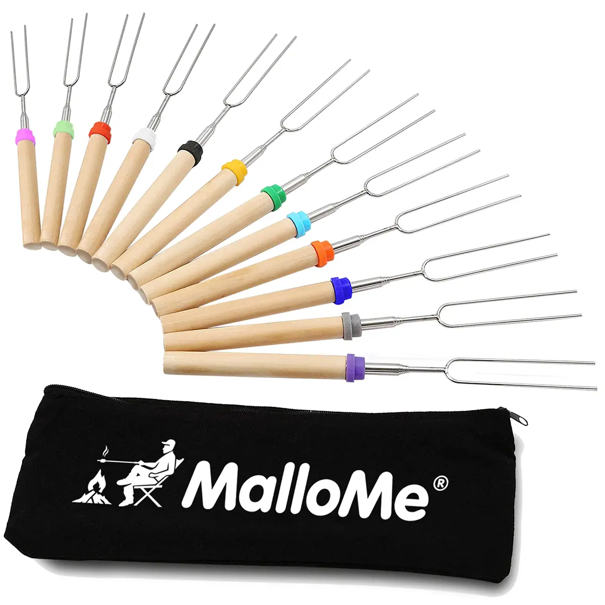 MalloMe 32" Telescoping Marshmallow Roasting Sticks Set of 12 | Heavy Duty Stainless Steel Forks for Campfire Cooking - main product image