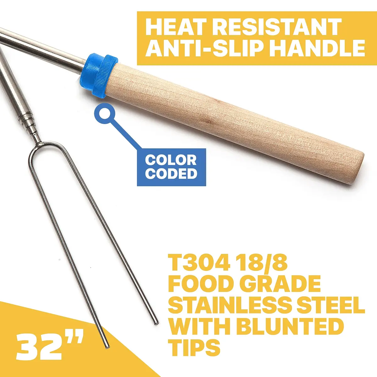 MalloMe 32" Telescoping Marshmallow Roasting Sticks Set of 12 | Heavy Duty Stainless Steel Forks for Campfire Cooking - view 2
