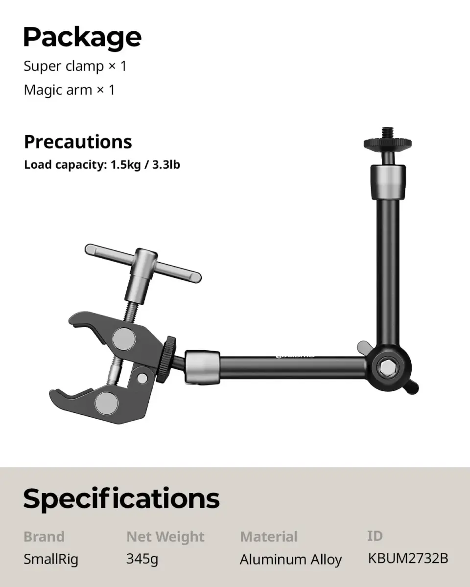 SMALLRIG Articulating Magic Arm with Super Clamp 22 cm (8.66 inches) | Mount Monitors, Lights, Cameras - view 9