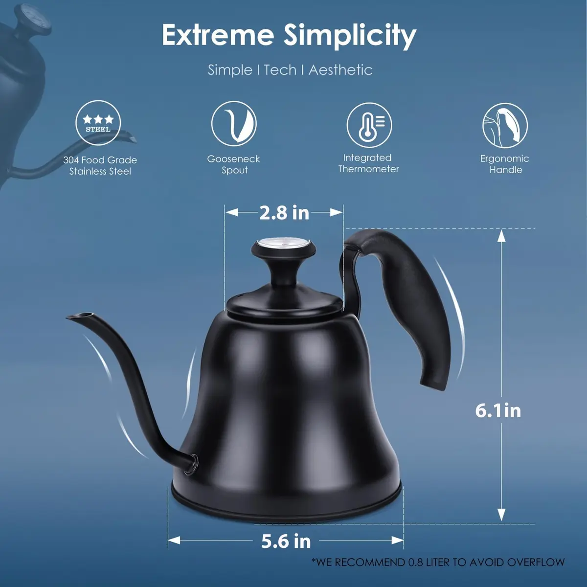 Chekbar Matte Black Tea Kettle with Thermometer, 0.8L (28oz) | Precise Gooseneck Pour Over for Coffee & Tea - view 5