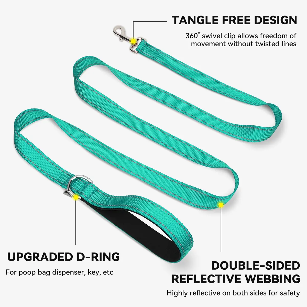 Joytale Reflective Dog Leash 6 ft x 1" Turquoise | Heavy Duty Nylon Webbing, Padded Handle, Visible at Night, for Medium & Large Dogs - view 5