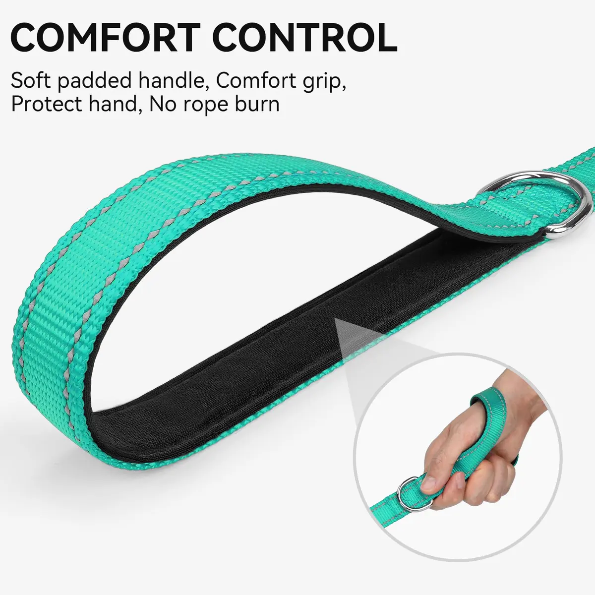 Joytale Reflective Dog Leash 6 ft x 1" Turquoise | Heavy Duty Nylon Webbing, Padded Handle, Visible at Night, for Medium & Large Dogs - view 3