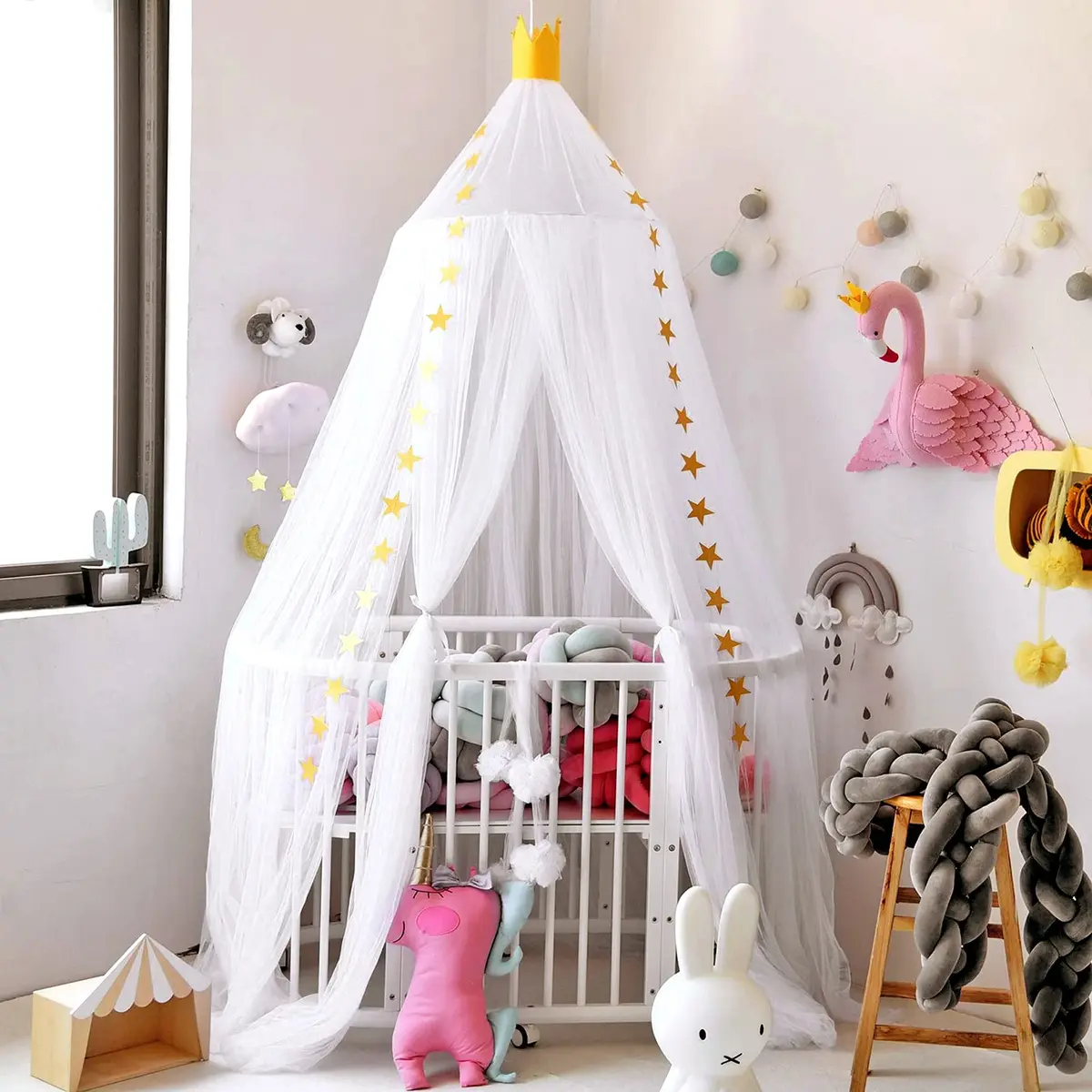 Jolitac Princess Bed Canopy for Girls Room Decor 2.4m (7.9ft) | Round Lace Mosquito Net for Kids Bedroom (White) - main product image