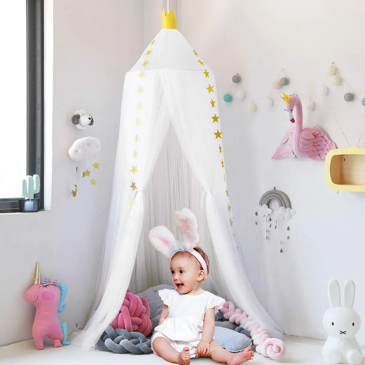Jolitac Princess Bed Canopy for Girls Room Decor 2.4m (7.9ft) | Round Lace Mosquito Net for Kids Bedroom (White) - view 9