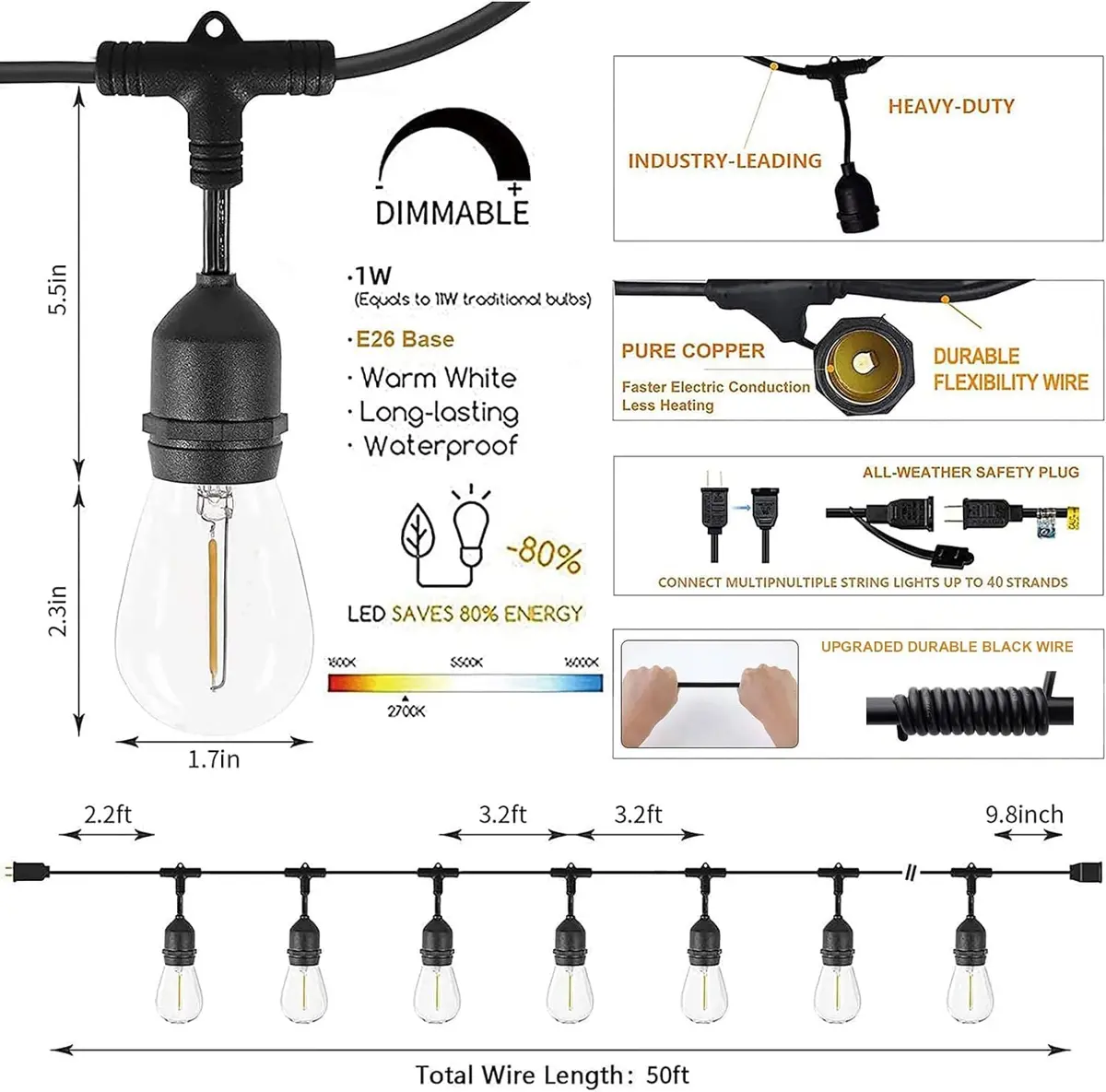 Svater Outdoor String Lights 105 FT Waterproof Commercial Grade ETL | Bright White 80LM, Dimmable, Heavy Duty - view 6