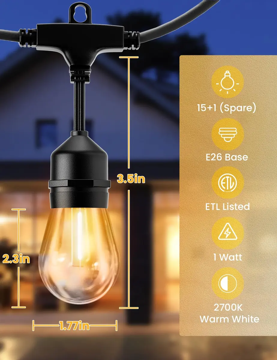 Svater Outdoor String Lights 50 FT Warm White Waterproof LED E26 | Commercial Grade & Dimmable - view 4