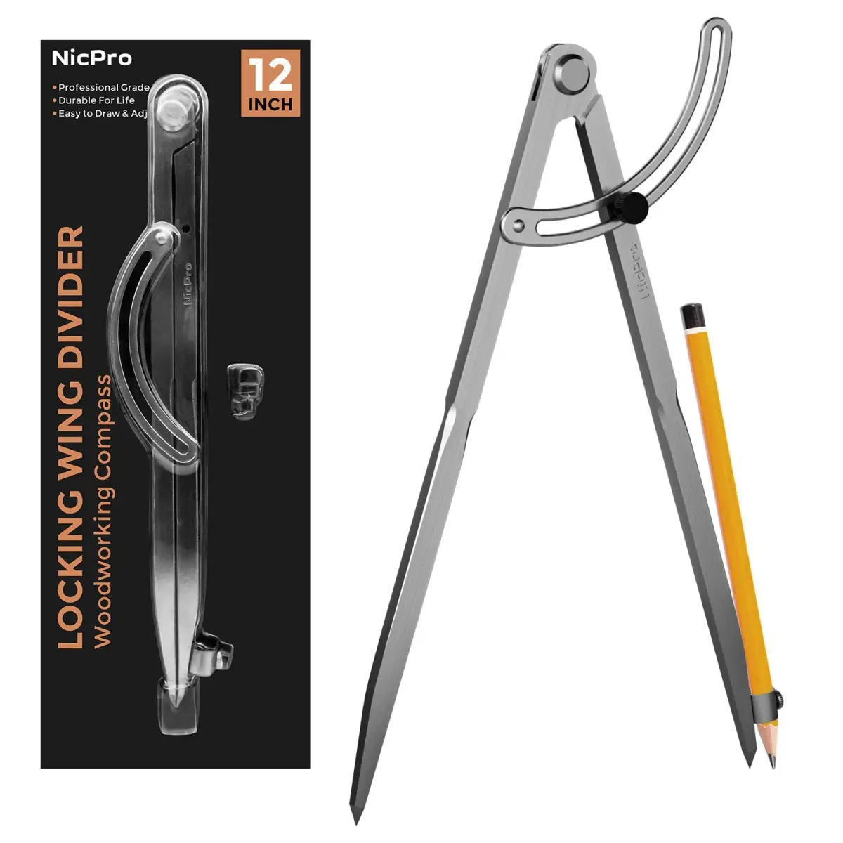 Nicpro 12 Inch Woodworking Compass with Wing & Pencil Holder | Professional Carpenter Tool for Geometry, Drawing, Drafting - main product image
