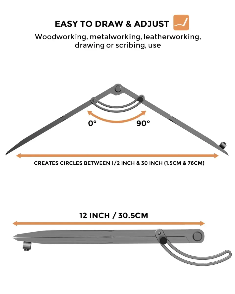 Nicpro 12 Inch Woodworking Compass with Wing & Pencil Holder | Professional Carpenter Tool for Geometry, Drawing, Drafting - view 2