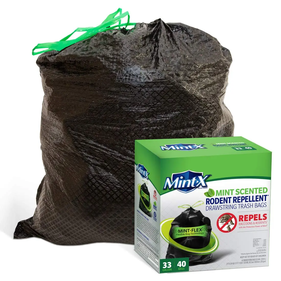 Mint-X Rodent Repellent Outdoor Trash Bags 33 Gallon | Humane Pest Control with Mint-Flex Technology - main product image