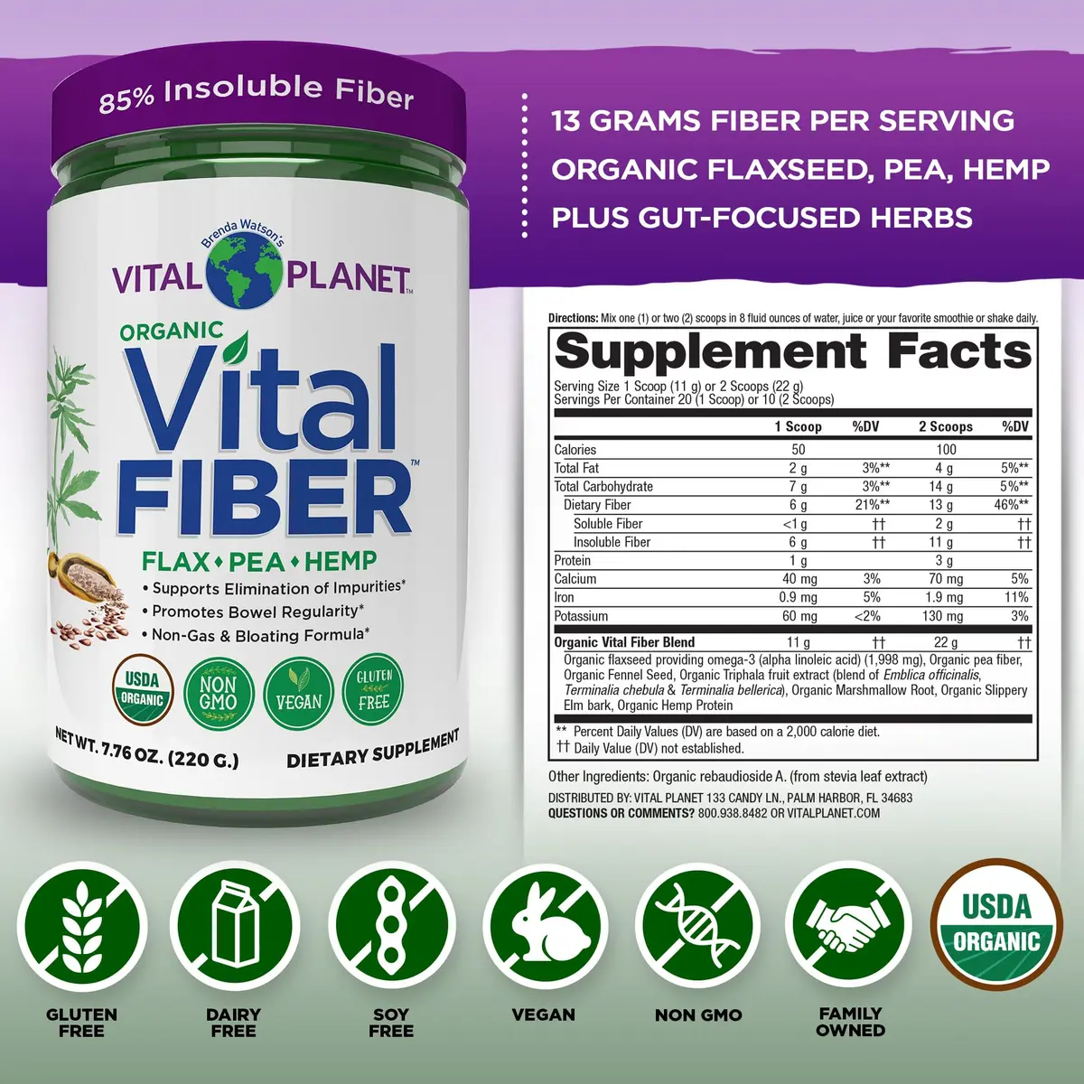 Vital Planet Vital Fiber Powder, Organic Dietary Fiber Support for Gut Regularity, 7.76 oz | Unflavored, Vegan, Non-GMO - view 2