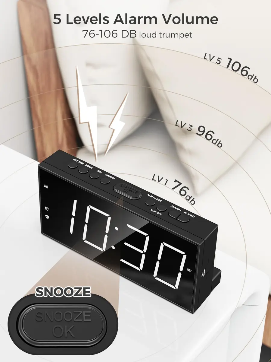PPLEE Digital Alarm Clock with 7.5-Inch Large LED Display & Dual Alarms | White, Plug-In with USB Charging - view 5