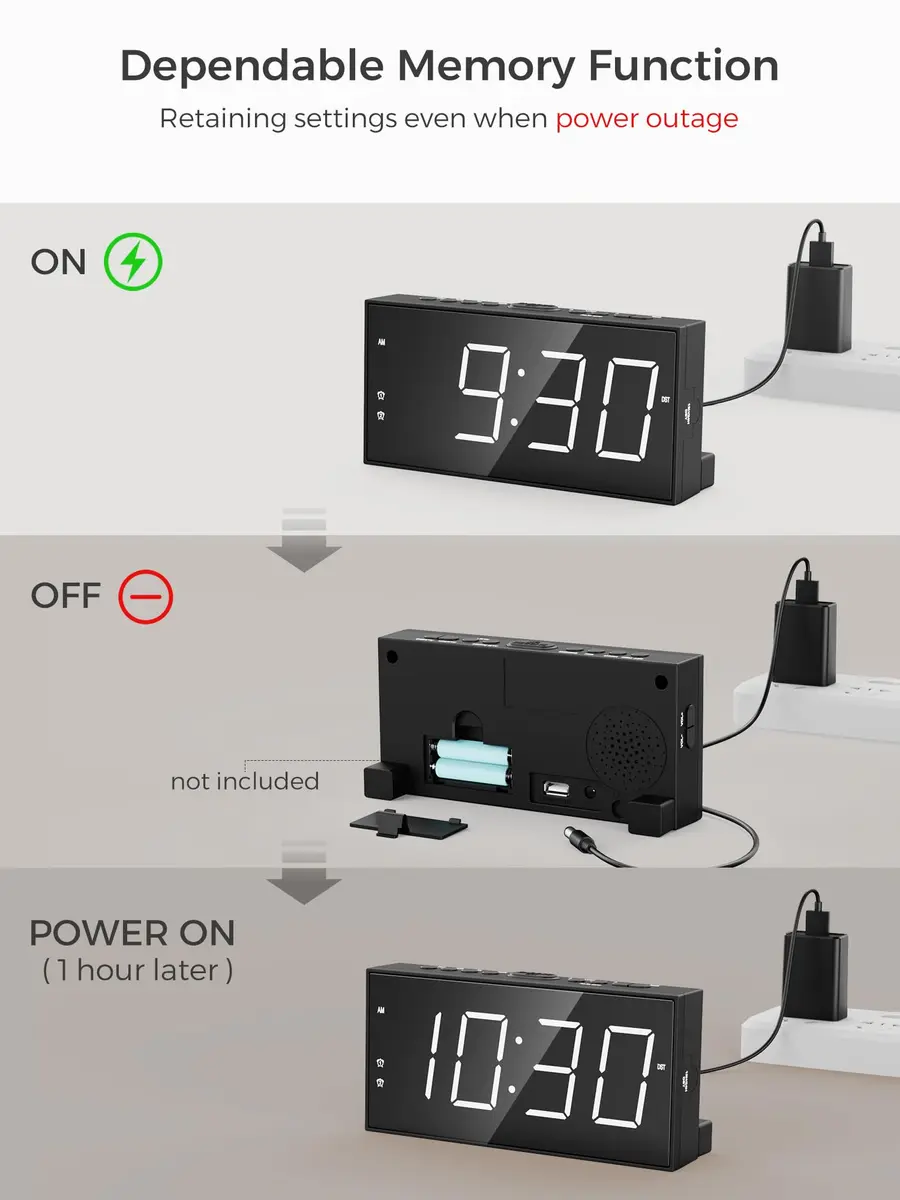 PPLEE Digital Alarm Clock with 7.5-Inch Large LED Display & Dual Alarms | White, Plug-In with USB Charging - view 6