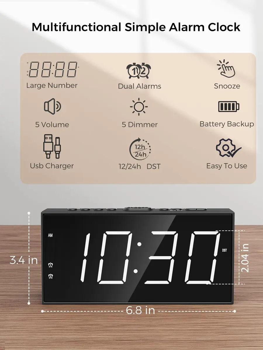 PPLEE Digital Alarm Clock with 7.5-Inch Large LED Display & Dual Alarms | White, Plug-In with USB Charging - view 2
