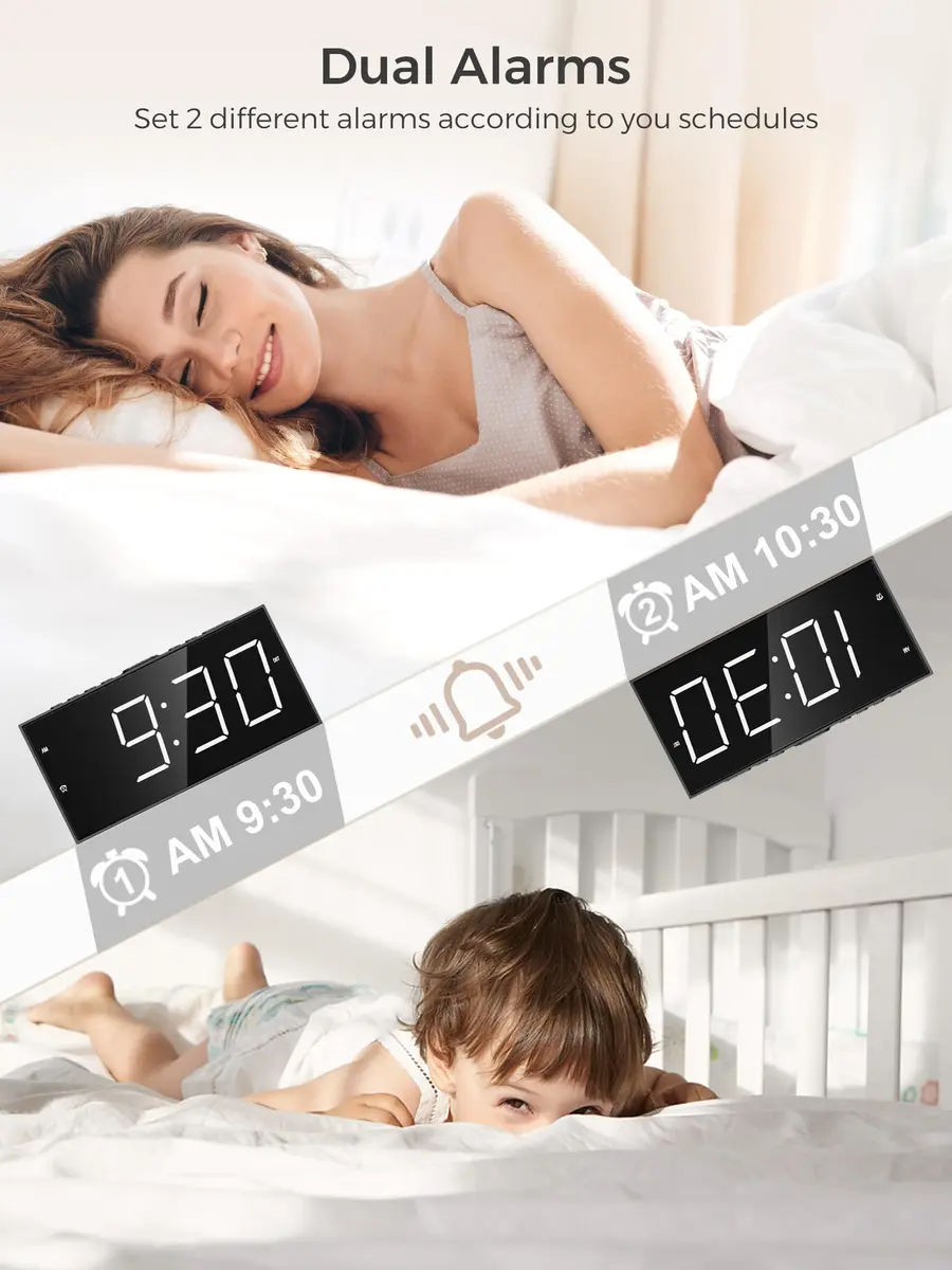 PPLEE Digital Alarm Clock with 7.5-Inch Large LED Display & Dual Alarms | White, Plug-In with USB Charging - view 3