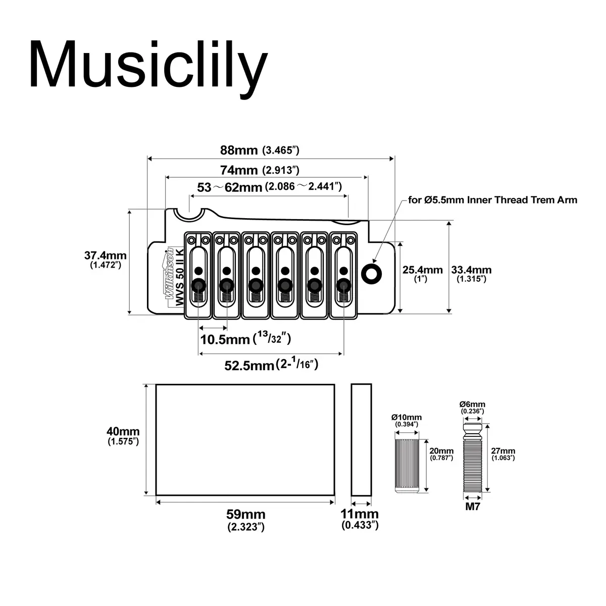 Musiclily Wilkinson WVS50IIK 52.5mm 2-Point Electric Guitar Tremolo Bridge, Black | Precision Steel Saddles & Full Assembly - view 2