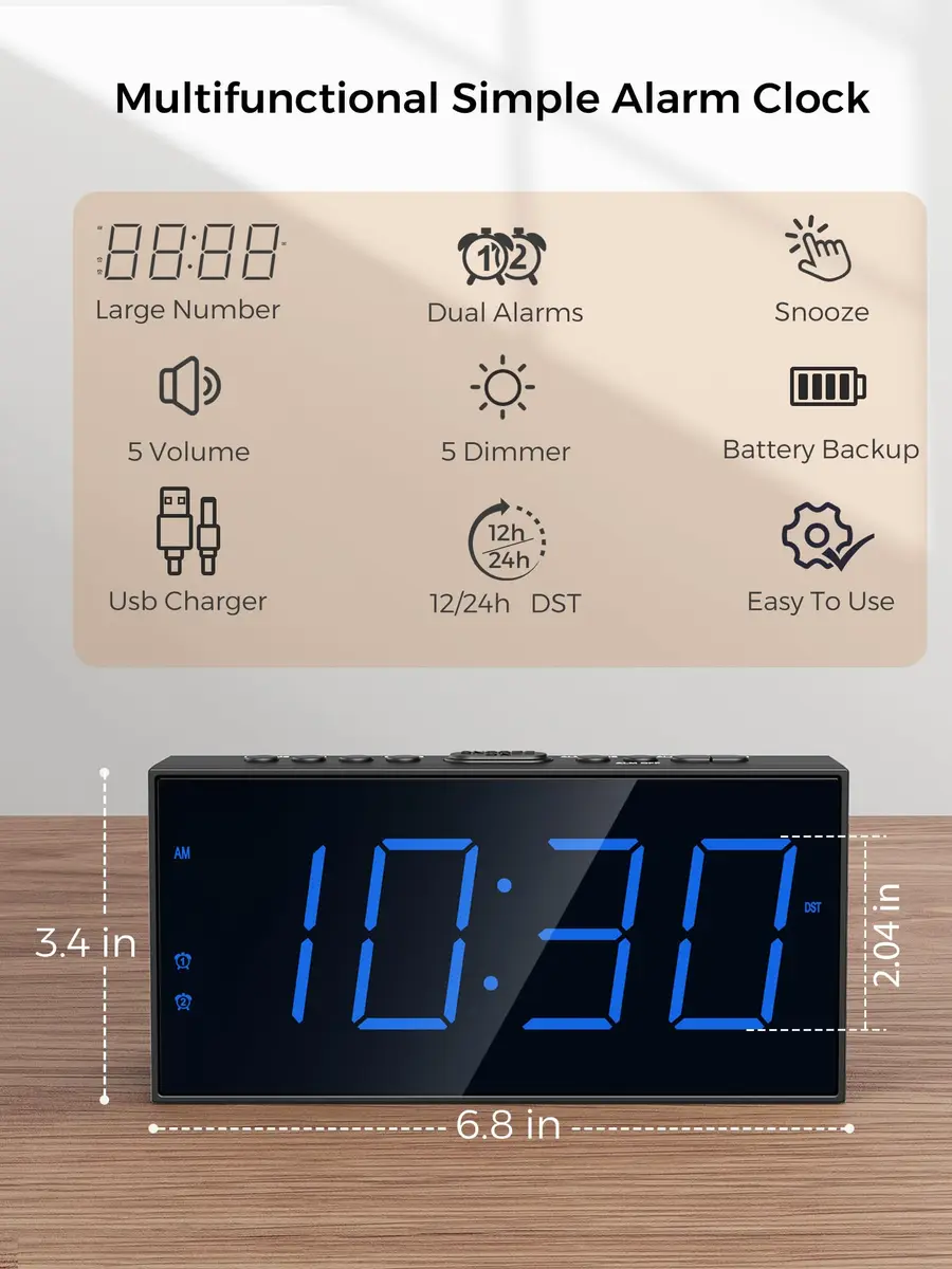 PPLEE Digital Alarm Clock for Bedroom, 7.5-Inch Large Display, Dual Alarms with USB Charging | Loud Alarm Clock for Heavy Sleepers - view 2