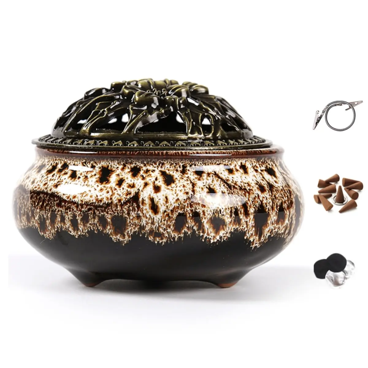 LamDawn Fambe Gray Ceramic Incense Burner with Calabash Holder | Meditation & Relaxation - main product image