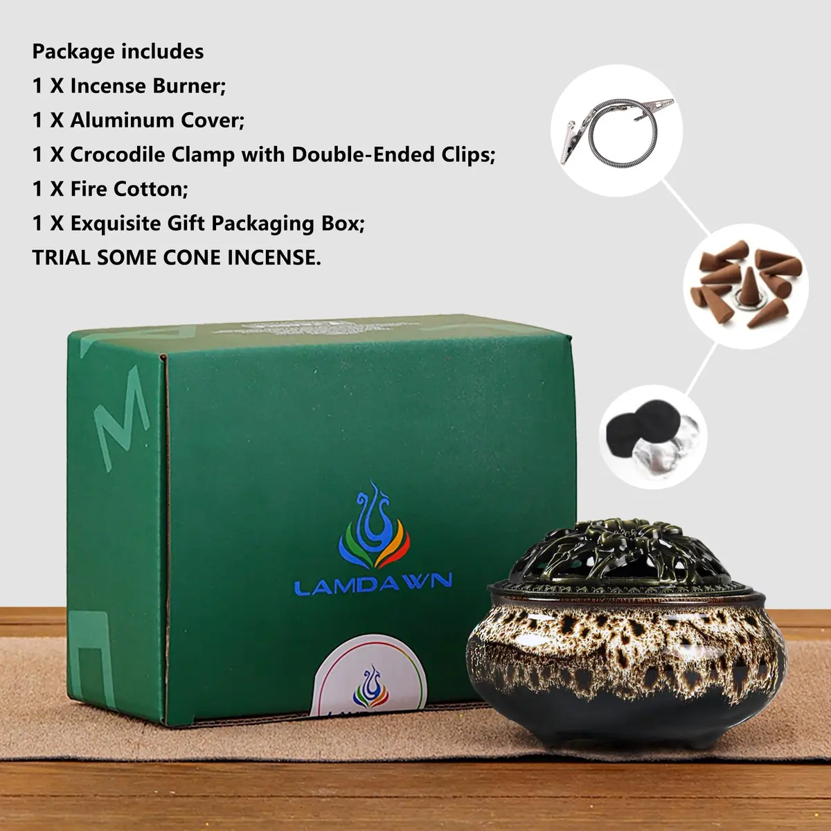 LamDawn Fambe Gray Ceramic Incense Burner with Calabash Holder | Meditation & Relaxation - view 5