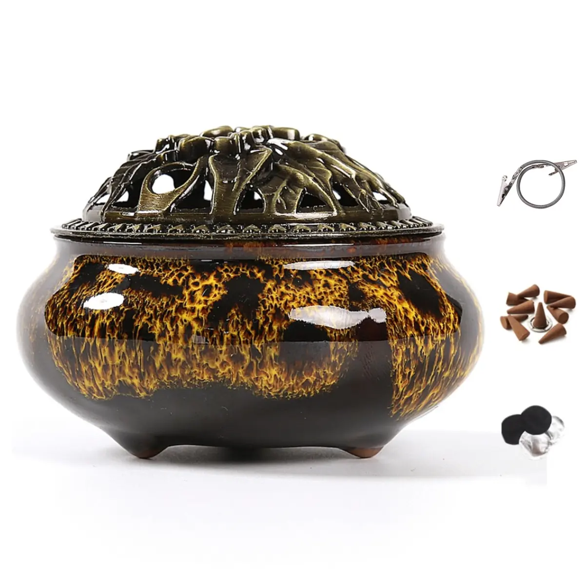 LamDawn Fambe Yellow Ceramic Incense Burner with Calabash Holder | Meditation & Relaxation Aid - main product image