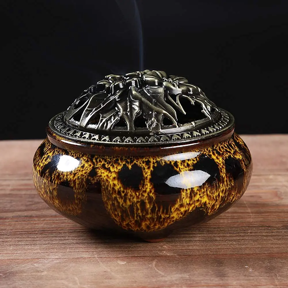 LamDawn Fambe Yellow Ceramic Incense Burner with Calabash Holder | Meditation & Relaxation Aid - view 4