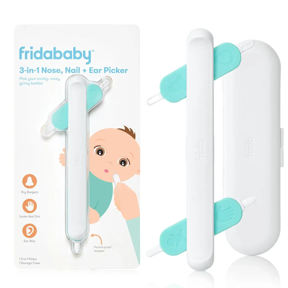 Frida Baby 3-in-1 Nose, Nail + Ear Picker for Baby Grooming | Safe Silicone Tips & Storage Case - main product image