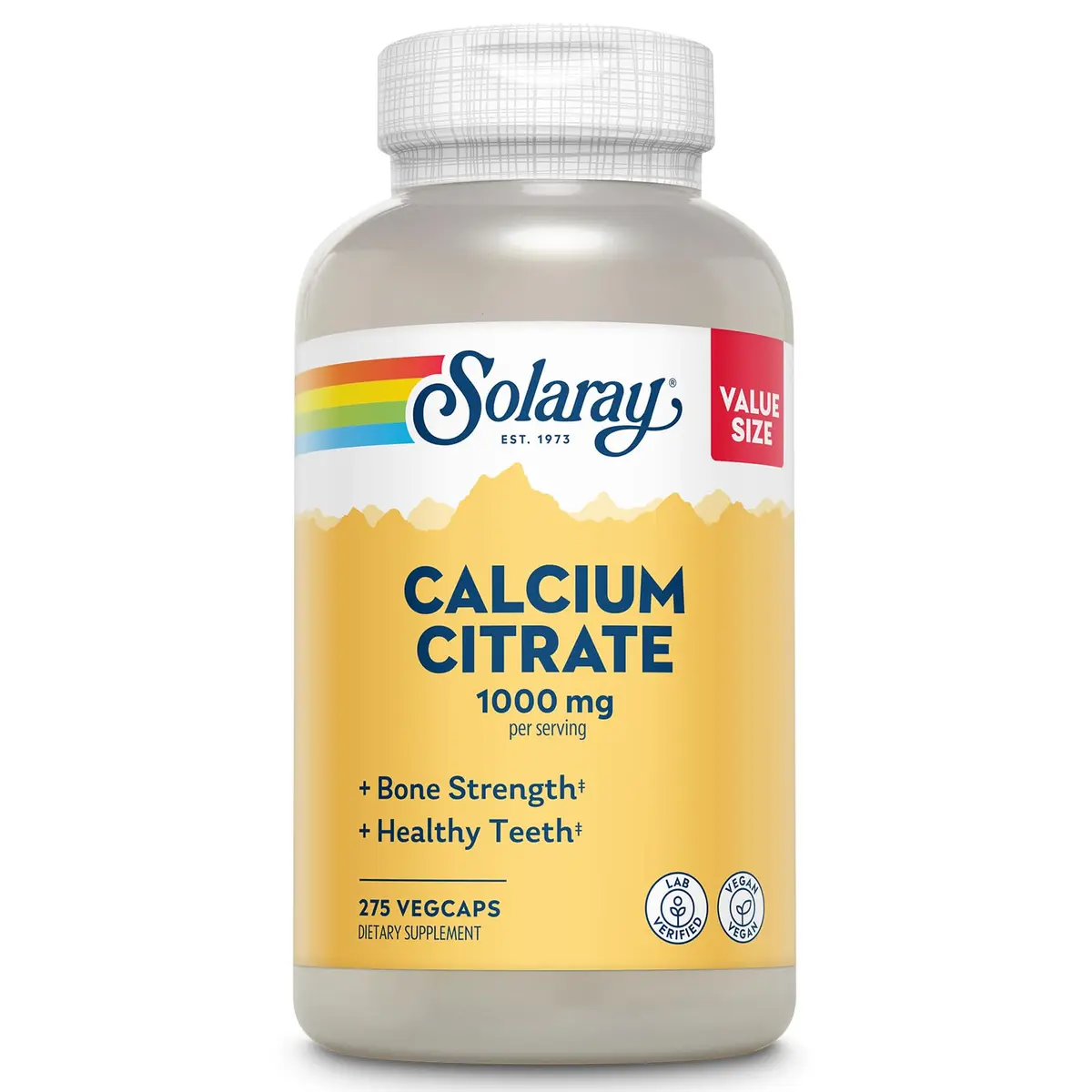 SOLARAY Calcium Citrate 1000 mg 275 VegCaps | Bone & Teeth Support, Gentle Digestion Formula, 68 Servings, Vegan, Lab Verified - main product image
