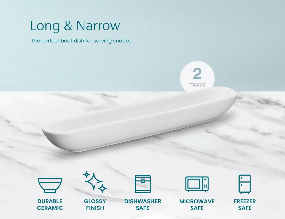 KooK White Ceramic Olive Boat Tray Set of 2 | Narrow Canoe Shape for Appetizers & Cheeses, 36 cm (12") - view 5