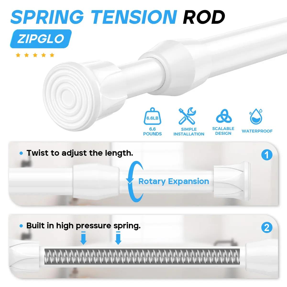 ZipGlo Spring Tension Curtain Rods 43-71 cm (17-28 Inch) White 2 Pack | No-Drill Installation for Windows & Doors - view 2