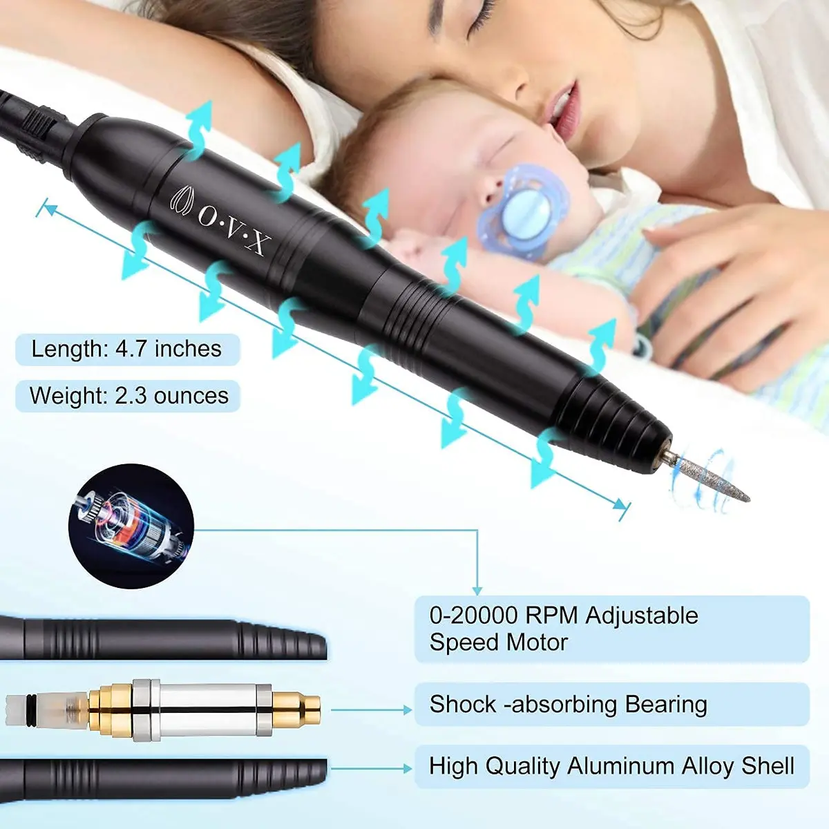 OVX Portable Electric Nail Drill Machine 20,000 RPM | Compact USB Manicure Pedicure Tool for Acrylic Nails & Gel Polishing - view 7