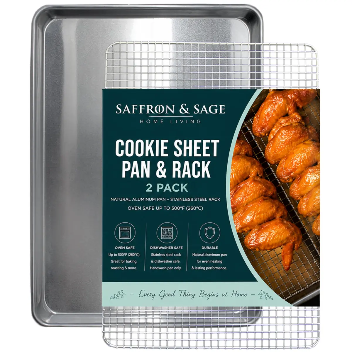 Saffron & Sage Home Living Commercial Quality Cookie Sheet & Rack | Heavy Duty Aluminum Baking & Cooling Set - main product image