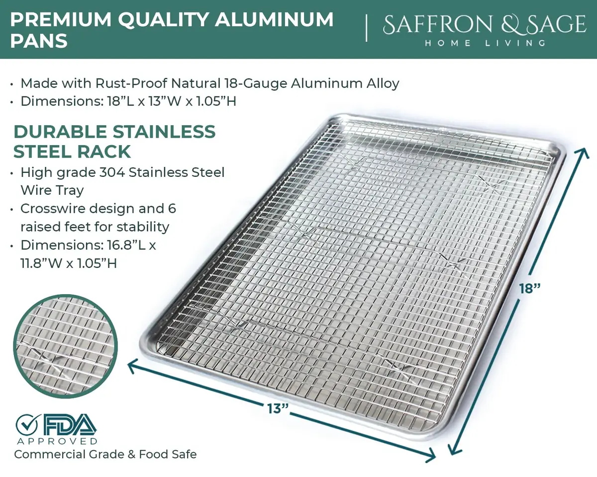 Saffron & Sage Home Living Commercial Quality Cookie Sheet & Rack | Heavy Duty Aluminum Baking & Cooling Set - view 8