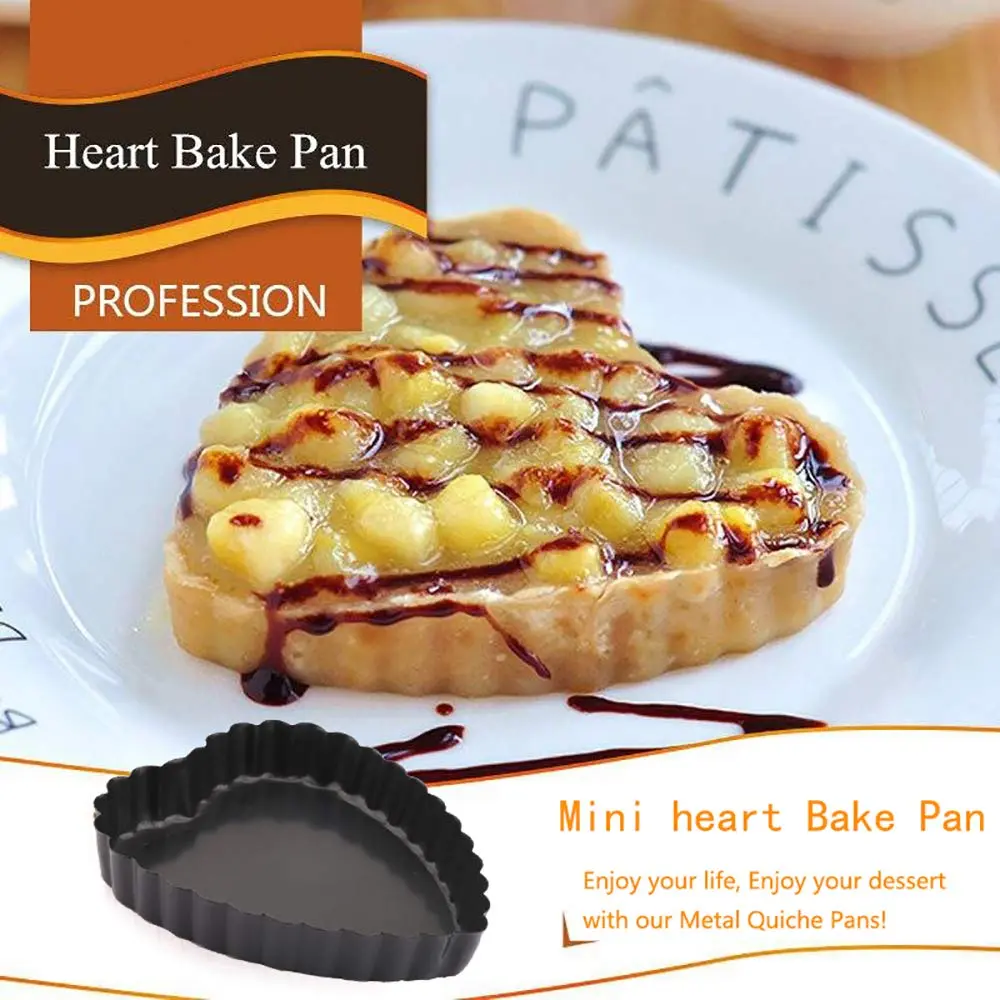 Cyimi Mini Tart Pan Set of 6 Heart-shaped Quiche Pan 10 cm (4 Inch) | Non-Stick Removable Bottom for Pies, Cakes, Baking - view 3
