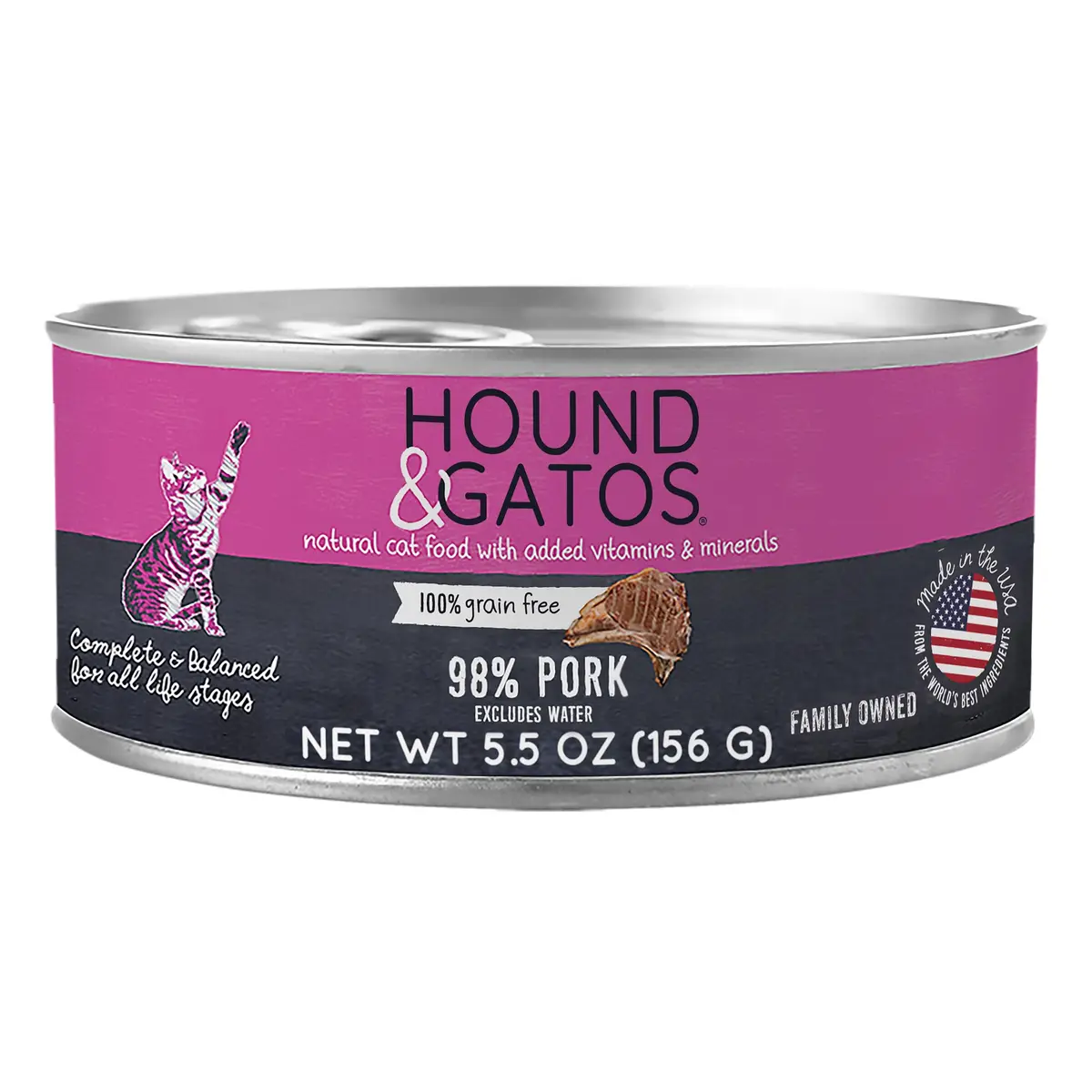 Hound & Gatos Pork Wet Cat Food 5.5 oz Can | 98% Real Meat, Grain-Free, Limited Ingredient for Sensitive Stomachs - main product image